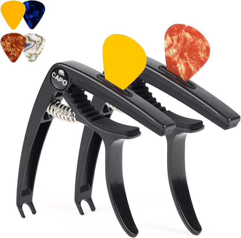 Aarvi 6-String Guitar Capo for Acoustic & Electric Guitars - Universal Clamp with 4 Premium Picks - Compatible with Ukulele, Banjo, Mandolin (2P Black) - Image 1